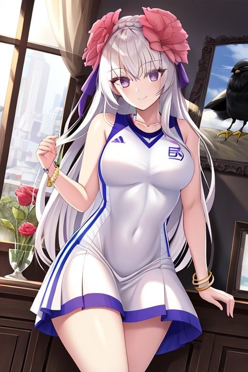 (Sportswear),Best quality,Highly detailed,Masterpiece,Artbook,1Girl,Flower,Dress,Wins,Bracelet,Jewelry,Smile,Crow,Bangs,Purple eyes,White hair,(Sportswear),