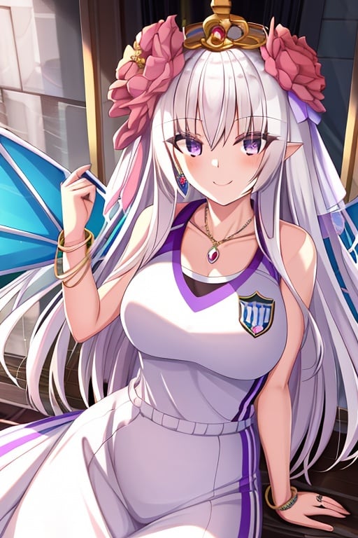 ((sportswear)),best quality,highly detailed,masterpiece,artbook,1girl,flower,dress,wings,bracelet,jewelry,smile,crown,bangs,purple eyes,white hair,((sportswear)),Without wings,