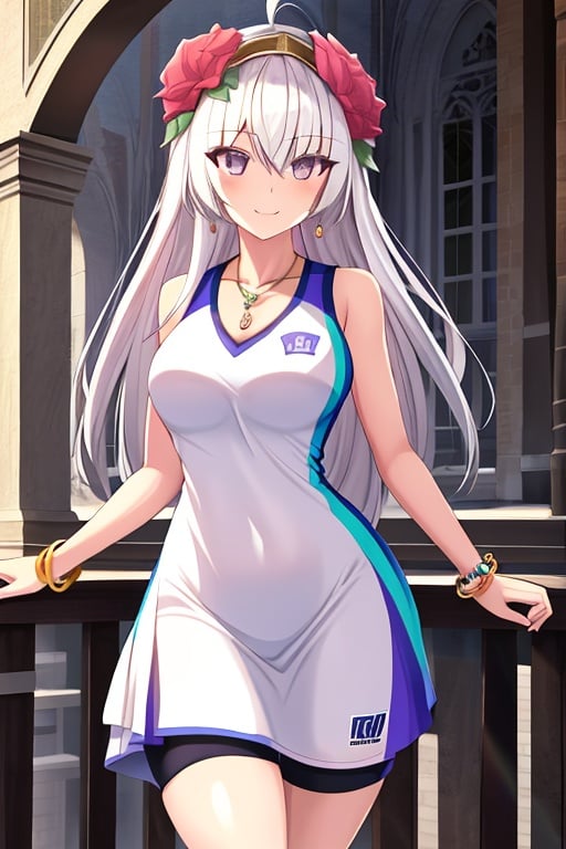 (Sportswear),Best quality,Highly detailed,Masterpiece,Artbook,1Girl,Flower,Dress,Wins,Bracelet,Jewelry,Smile,Crow,Bangs,Purple eyes,White hair,(Sportswear),