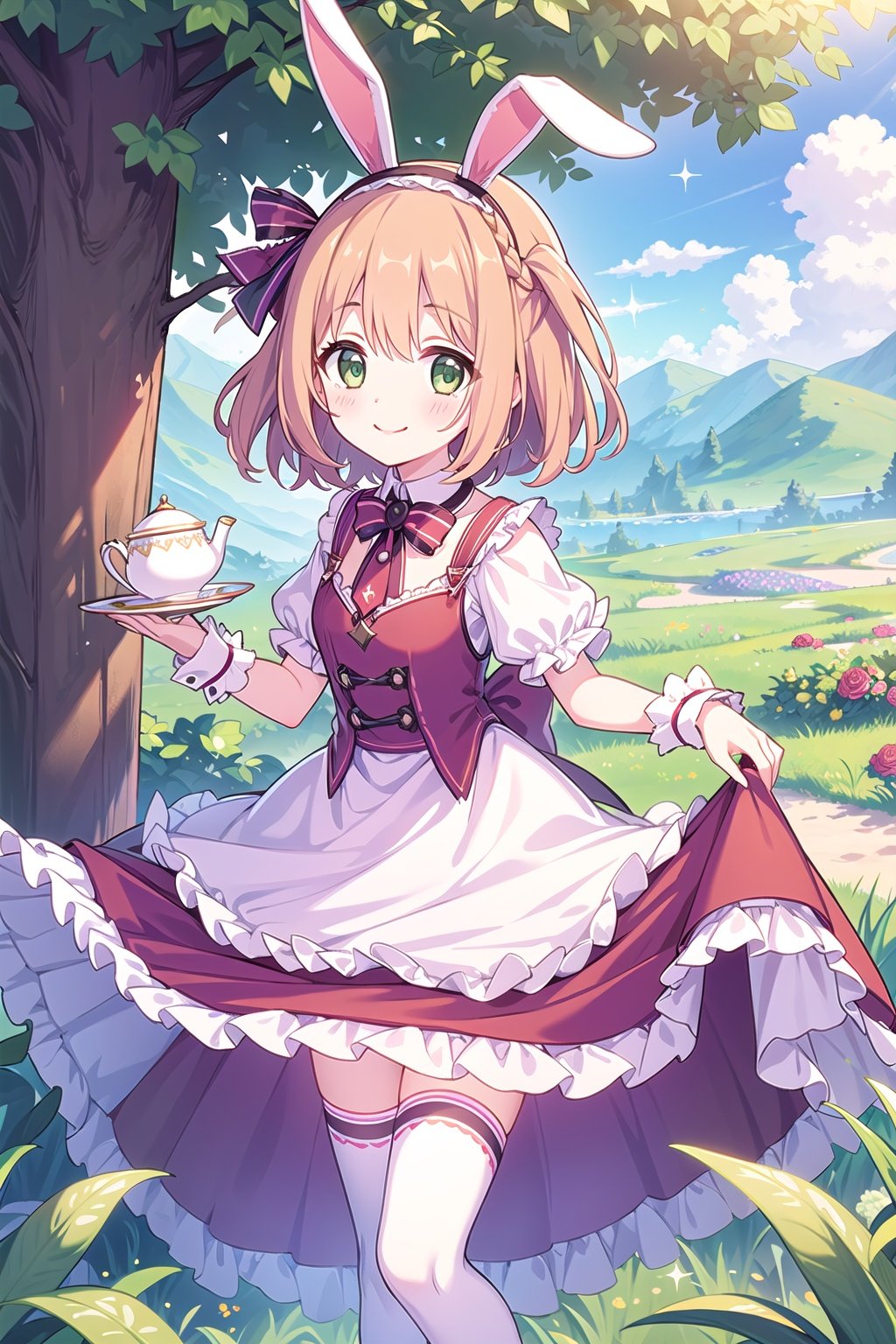 1girl, alice_\(alice_in_wonderland\),animal_ears, blush, brown_hair, bush, clothes_lift, cup, day, dress, dress_lift, fake_animal_ears, grass, green_eyes, looking_at_viewer, mountain, one_side_up, outdoors, rabbit_ears, rainbow, rose, skirt_hold, skirt_lift, smile, solo, sparkle, teacup, teapot, thighhighs, tree, white_legwear 
