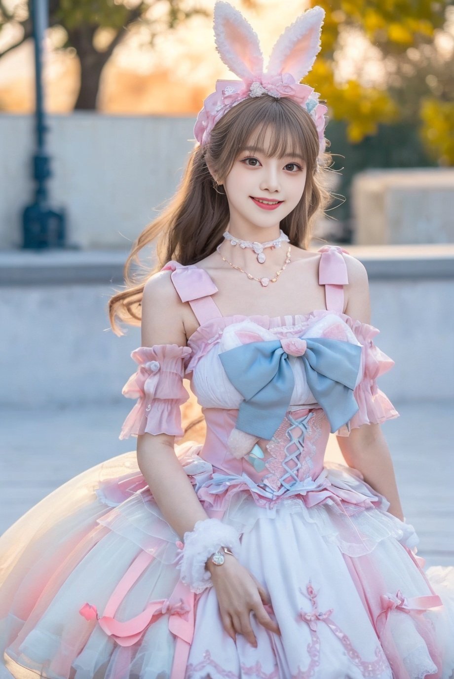 1girl, solo,mix4, (realistic:1.1), (photorealistic:1.1), (masterpiece:1.1), (best quality:1.1),  ultra detailed, looking at viewer, smile,sweet_lolita,standing , natural lighting, depth of field, (pureerosface_v1:0.8), amusement park in the background,(night), ,  ,