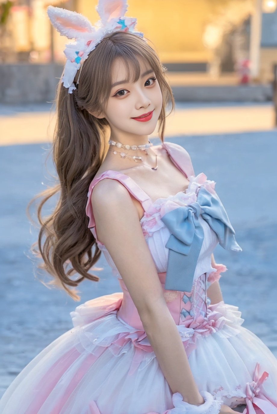 1girl, solo,mix4, (realistic:1.1), (photorealistic:1.1), (masterpiece:1.1), (best quality:1.1),  ultra detailed, looking at viewer, smile,sweet_lolita,standing , natural lighting, depth of field, (pureerosface_v1:0.8), amusement park in the background,(night), ,  ,