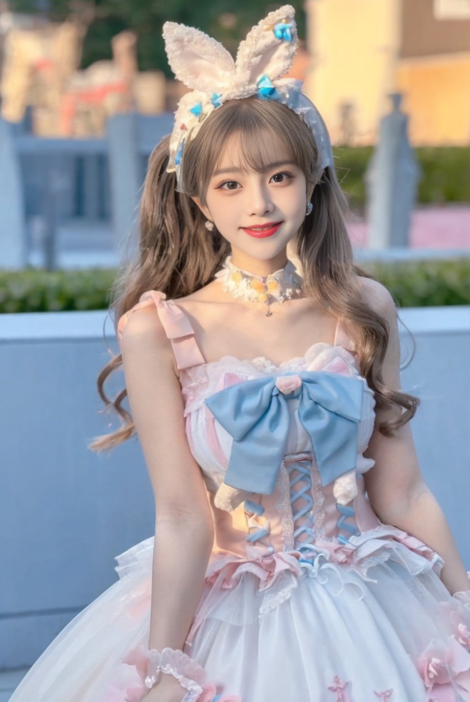 1girl, solo,mix4, (realistic:1.1), (photorealistic:1.1), (masterpiece:1.1), (best quality:1.1),  ultra detailed, looking at viewer, smile,sweet_lolita,standing , natural lighting, depth of field, (pureerosface_v1:0.8), amusement park in the background,(night), ,  ,