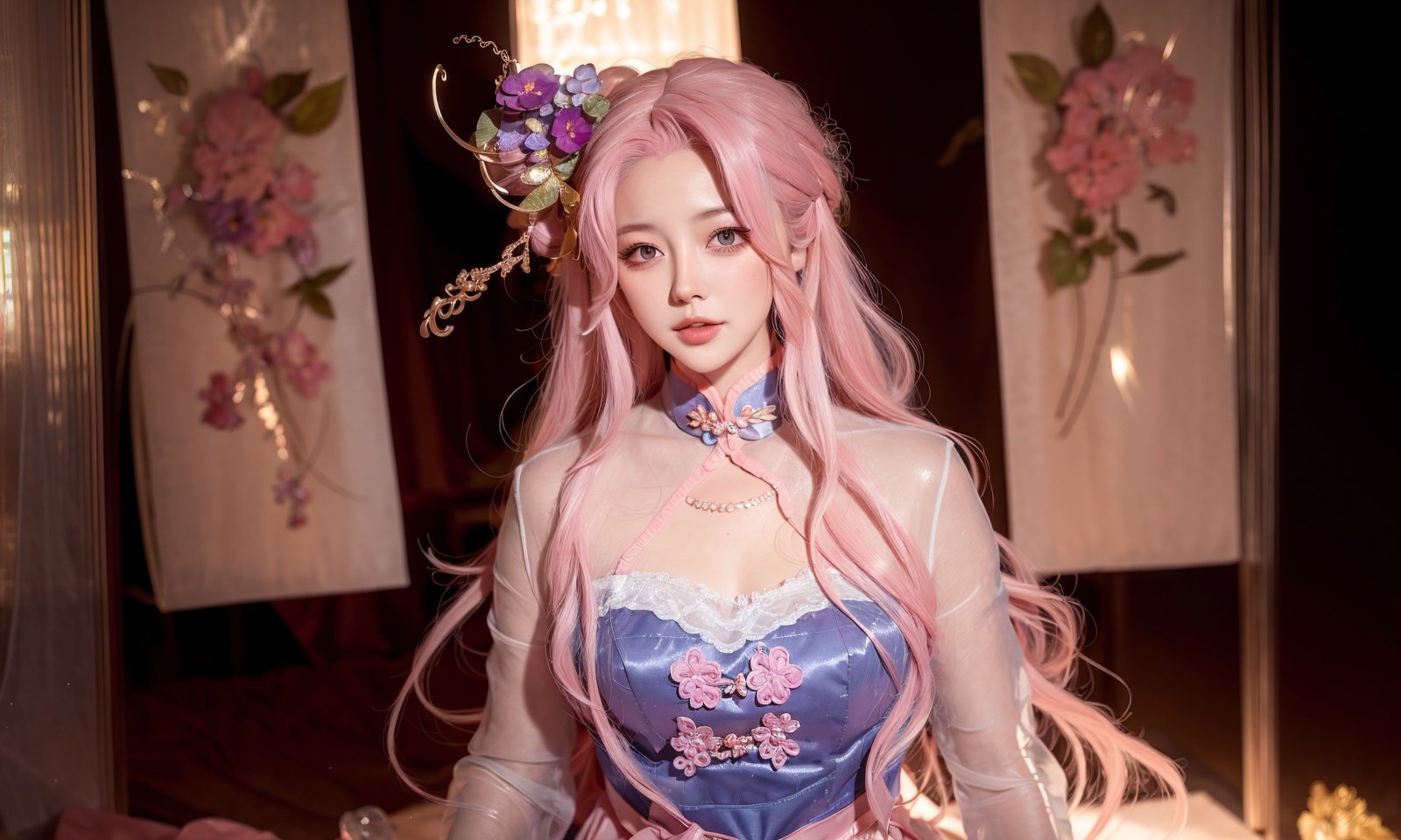 ,ulzzang-6500-v1.1,(raw photo:1.2),((photorealistic:1.4))best quality ,masterpiece, illustration, an extremely delicate and beautiful, extremely detailed ,CG ,unity ,8k wallpaper, Amazing, finely detail, masterpiece,best quality,official art,extremely detailed CG unity 8k wallpaper,absurdres, incredibly absurdres, huge filesize, ultra-detailed, highres, extremely detailed,beautiful detailed girl, extremely detailed eyes and face, beautiful detailed eyes,light on face,cinematic lighting,1girl,see-through,looking at viewer,outdoors, (jewelry), necklace, pink_eyes,hair_ornament, hair_flower, (depth_of_field)