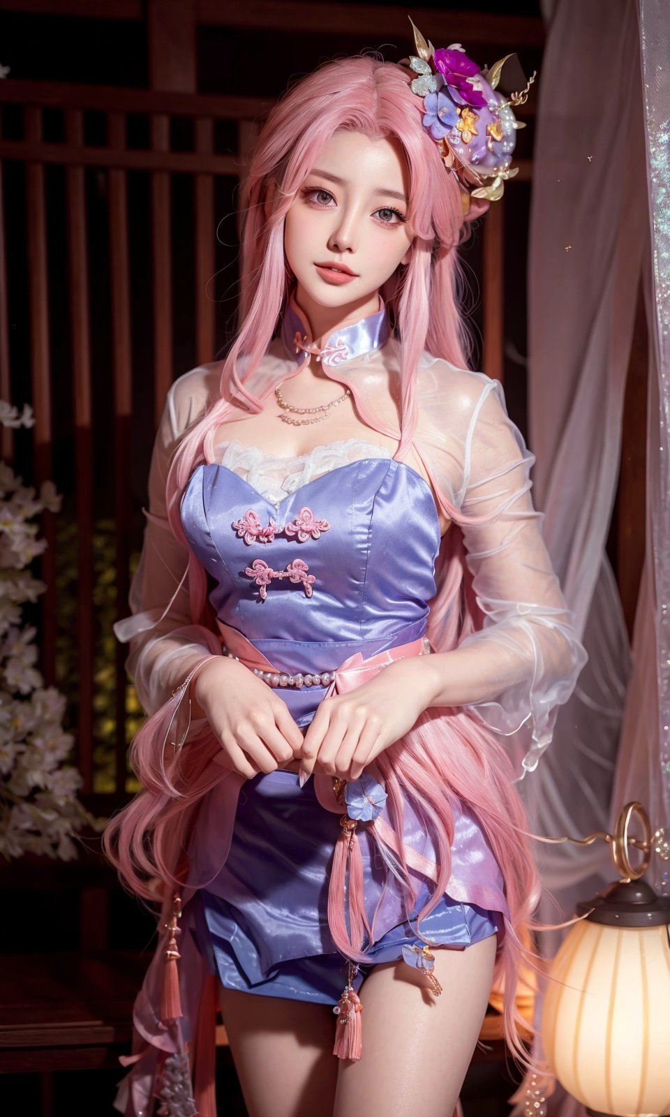 ,ulzzang-6500-v1.1,(raw photo:1.2),((photorealistic:1.4))best quality ,masterpiece, illustration, an extremely delicate and beautiful, extremely detailed ,CG ,unity ,8k wallpaper, Amazing, finely detail, masterpiece,best quality,official art,extremely detailed CG unity 8k wallpaper,absurdres, incredibly absurdres, huge filesize, ultra-detailed, highres, extremely detailed,beautiful detailed girl, extremely detailed eyes and face, beautiful detailed eyes,light on face,cinematic lighting,1girl,see-through,looking at viewer,outdoors, (jewelry), necklace, pink_eyes,hair_ornament, hair_flower, chain, (depth_of_field)