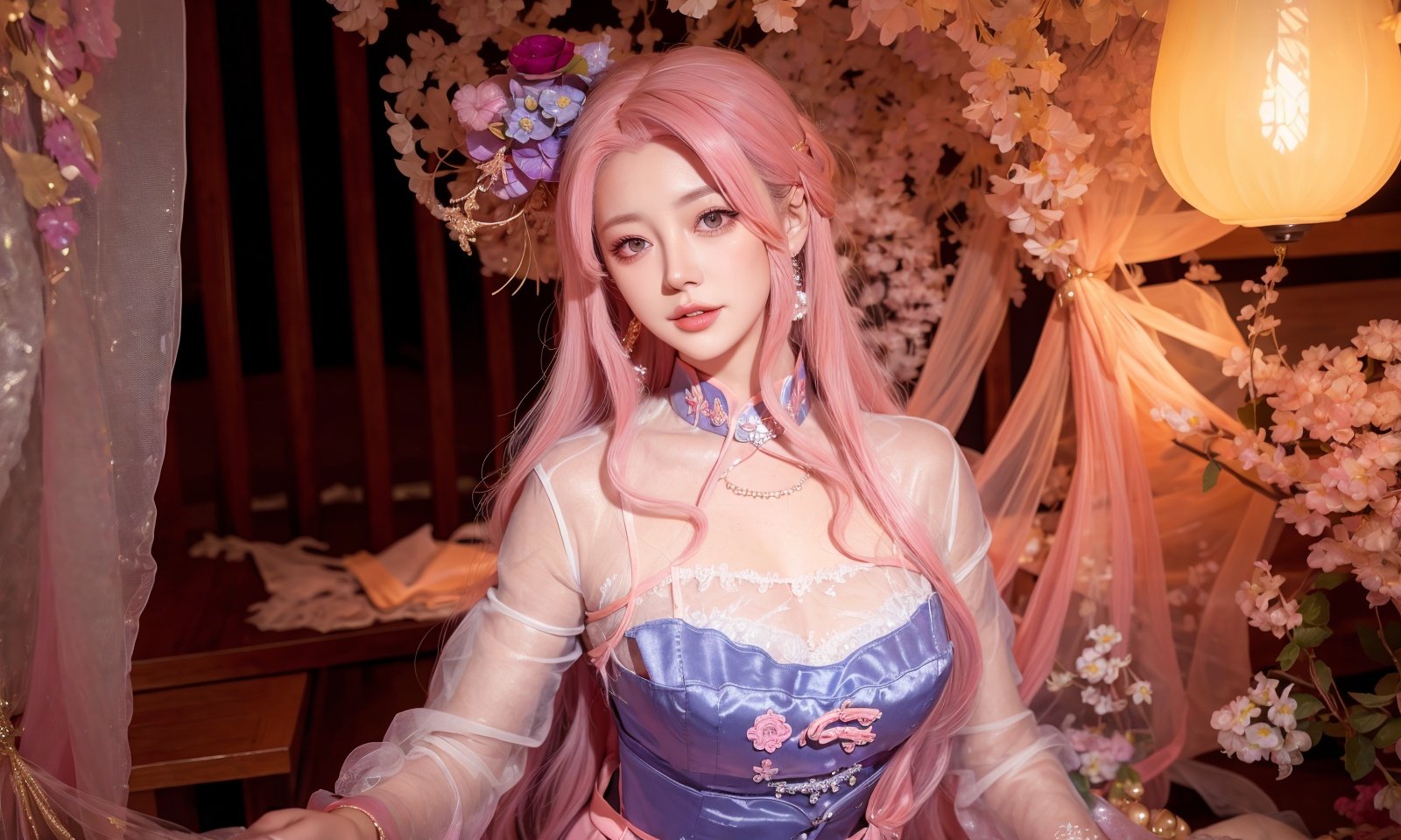 ,ulzzang-6500-v1.1,(raw photo:1.2),((photorealistic:1.4))best quality ,masterpiece, illustration, an extremely delicate and beautiful, extremely detailed ,CG ,unity ,8k wallpaper, Amazing, finely detail, masterpiece,best quality,official art,extremely detailed CG unity 8k wallpaper,absurdres, incredibly absurdres, huge filesize, ultra-detailed, highres, extremely detailed,beautiful detailed girl, extremely detailed eyes and face, beautiful detailed eyes,light on face,cinematic lighting,1girl,see-through,looking at viewer,outdoors, (jewelry), necklace, pink_eyes,hair_ornament, hair_flower