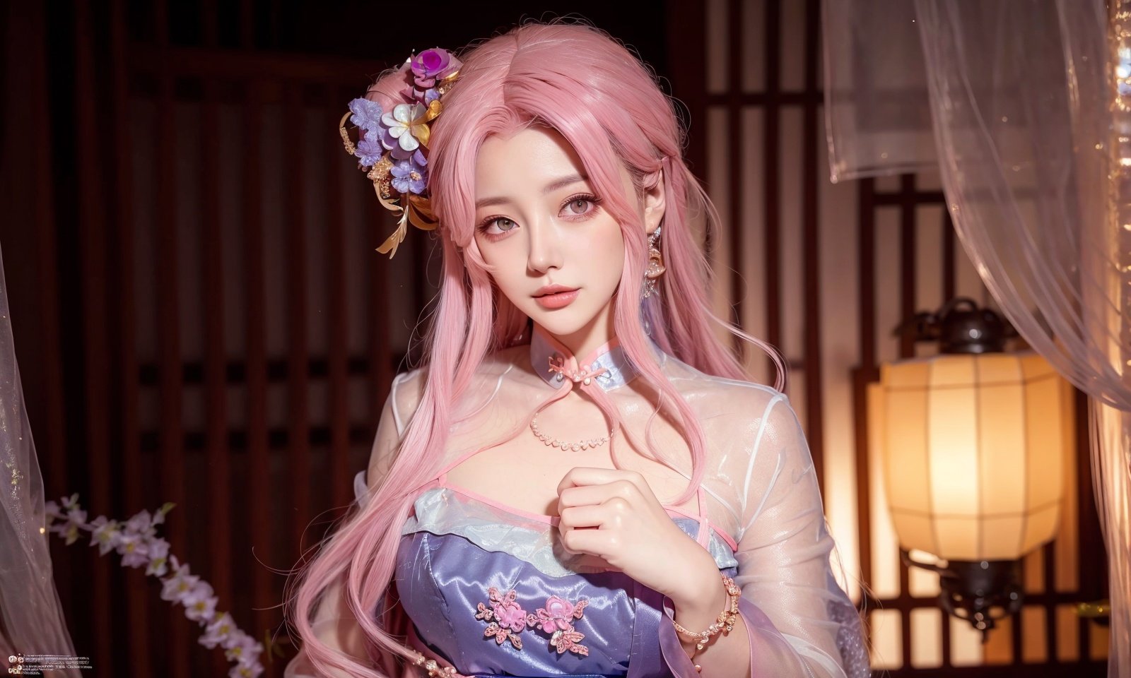 ,ulzzang-6500-v1.1,(raw photo:1.2),((photorealistic:1.4))best quality ,masterpiece, illustration, an extremely delicate and beautiful, extremely detailed ,CG ,unity ,8k wallpaper, Amazing, finely detail, masterpiece,best quality,official art,extremely detailed CG unity 8k wallpaper,absurdres, incredibly absurdres, huge filesize, ultra-detailed, highres, extremely detailed,beautiful detailed girl, extremely detailed eyes and face, beautiful detailed eyes,light on face,cinematic lighting,1girl,see-through,looking at viewer,outdoors, (jewelry), necklace, pink_eyes,hair_ornament, hair_flower, (depth_of_field)