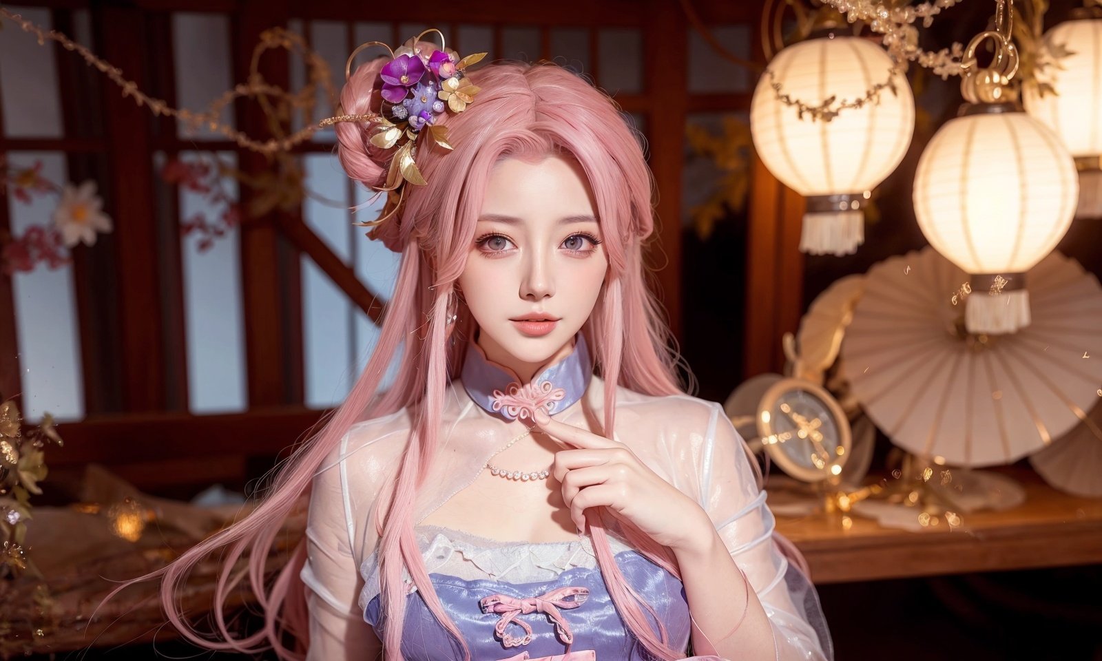 ,ulzzang-6500-v1.1,(raw photo:1.2),((photorealistic:1.4))best quality ,masterpiece, illustration, an extremely delicate and beautiful, extremely detailed ,CG ,unity ,8k wallpaper, Amazing, finely detail, masterpiece,best quality,official art,extremely detailed CG unity 8k wallpaper,absurdres, incredibly absurdres, huge filesize, ultra-detailed, highres, extremely detailed,beautiful detailed girl, extremely detailed eyes and face, beautiful detailed eyes,light on face,cinematic lighting,1girl,see-through,looking at viewer,outdoors, (jewelry), necklace, pink_eyes,hair_ornament, hair_flower