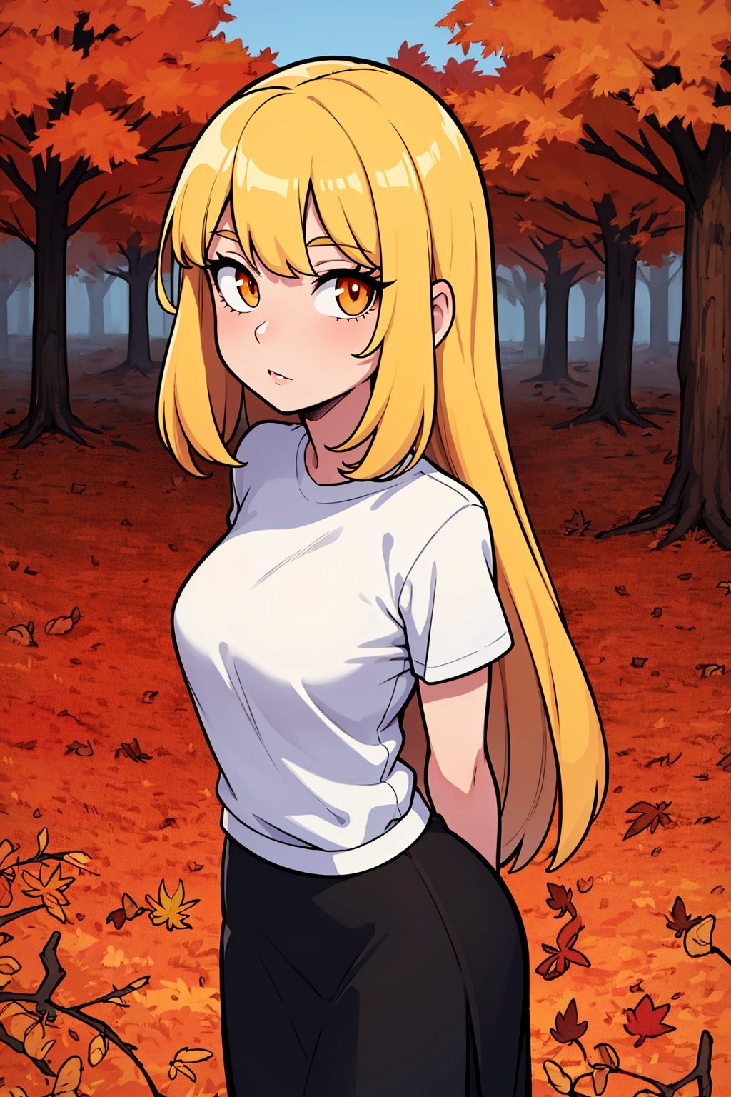 1girl, blonde hair, long hair, orange eyes, standing, white shirt, black skirt, park, trees, beautiful backround, perfect eyes, looking at viewer, arms behind back, (autumn:1.2), pov