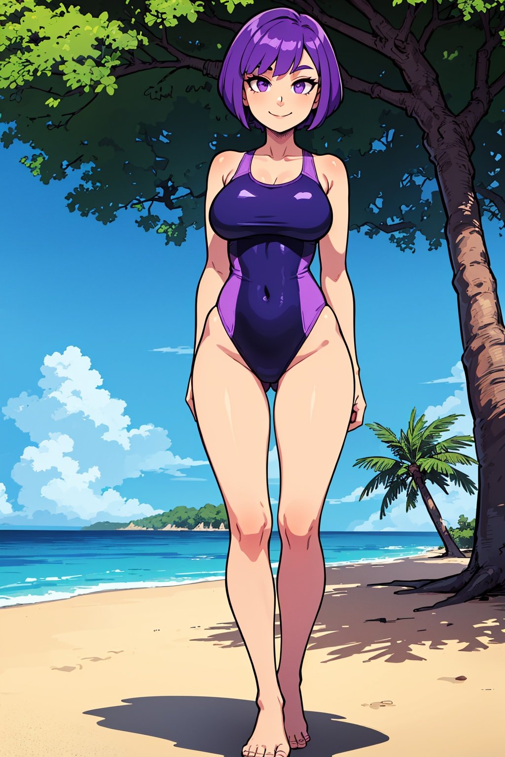 (Woman:1.2), blue sky, high quality eyes, closed mouth, purple hair, pixie cut, morning, Bright Purple swimsuit, highres, looking at viewer, full body, full shot, smile, solo, (near tree:1.4), beach, standing, (large breasts:0.8), purple eyes, arms at sides, perfect eyes