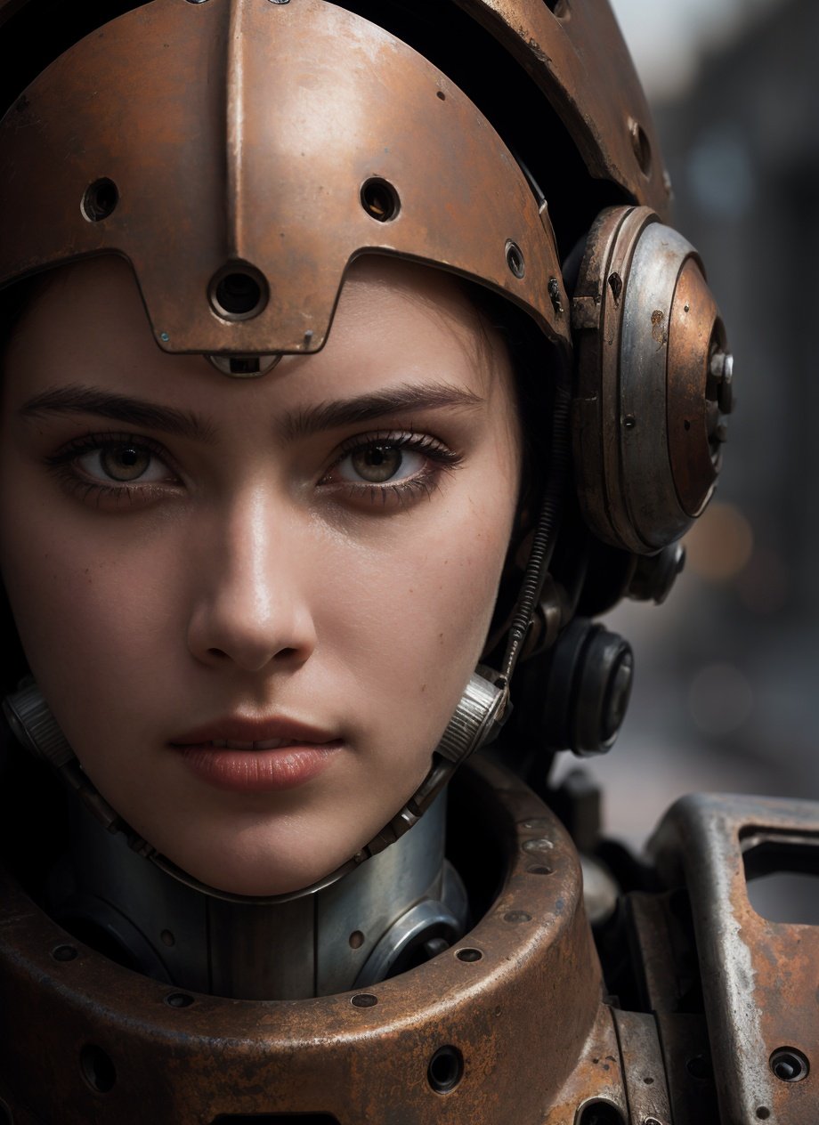 masterpiece, ((streets)), detailed face,close up Portrait photo of girl in a worn mech suit, ((light bokeh)), intricate, (steel metal [rust]), elegant, sharp focus, photo by greg rutkowski, soft lighting, vibrant colors,