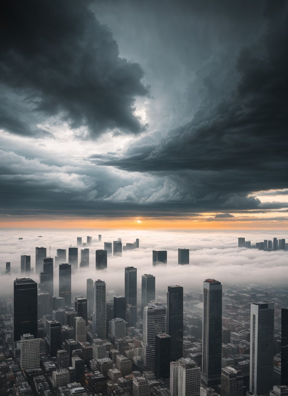 A stormy sky over a cityscape with tall buildings, Tilting, Negative Space, separation light, high key masterpiece, realistic, award winning, volumetric light and fog, neon palette, subsurface scattering, caustics, bloom, perfect exposure, perfect composition, rule of thirds, 8k, hdr10, cinematic, breathtaking,