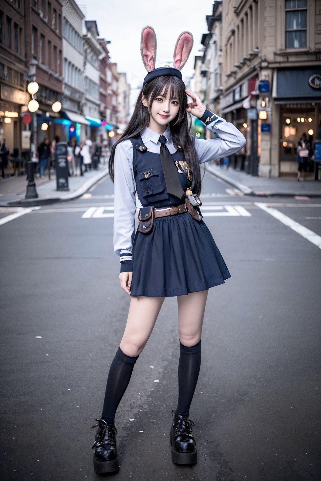 realistic, photorealistic, masterpiece, best quality, rabbit_officer, 1girl, solo, smile, looking at viewer, long black hair, standing, full body,in street, netural lighting, <lora:rabbit_officer_v2:0.7>, <lora:Cute Asian Face:0.6> , <lora:chinaDollLikeness_v10:0.2> 