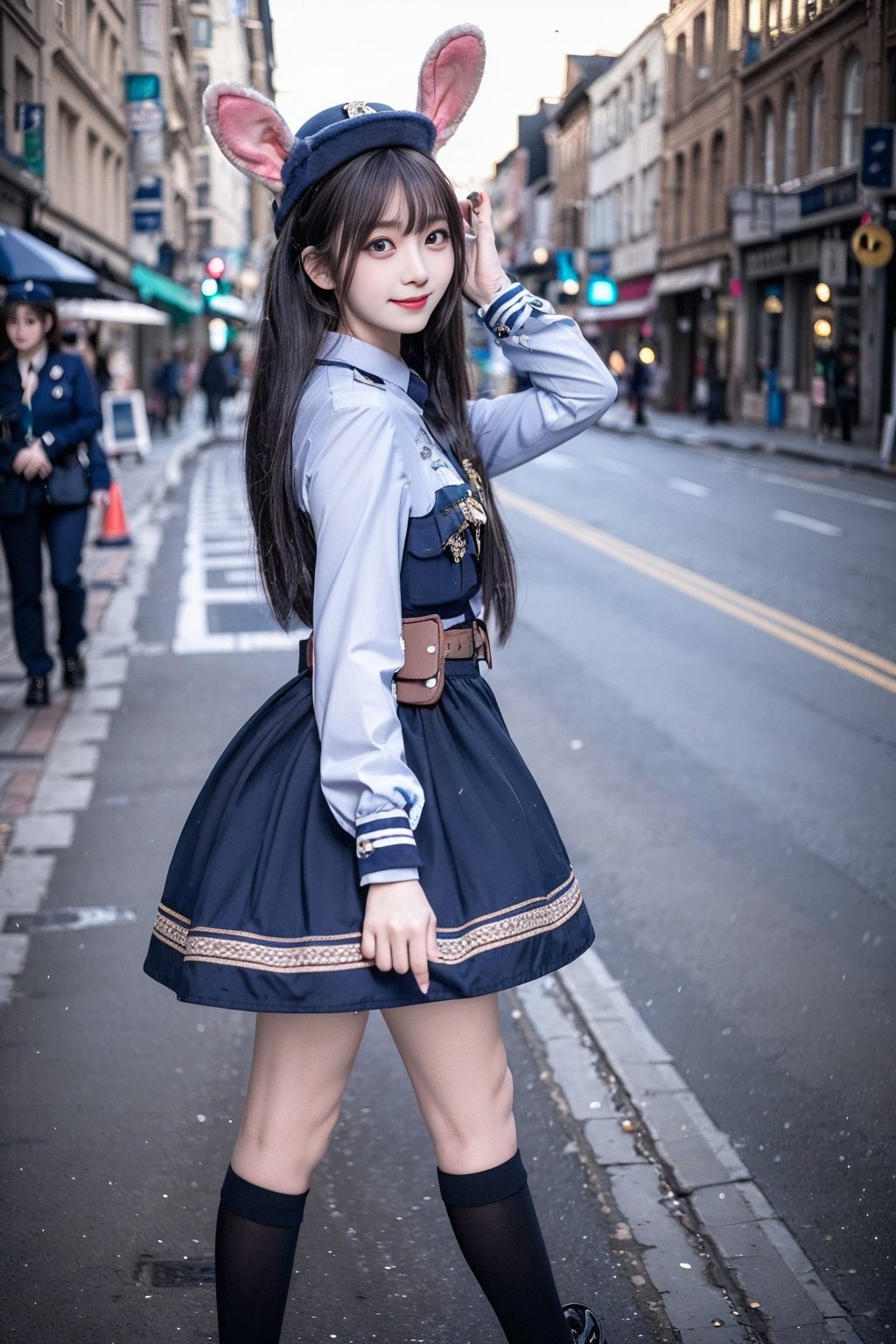 realistic, photorealistic, masterpiece, best quality, rabbit_officer, 1girl, solo, smile, looking at viewer, long black hair, standing, full body,in street, netural lighting, <lora:rabbit_officer_v1:0.7> , <lora:Cute Asian Face:0.6> , <lora:chinaDollLikeness_v10:0.2>