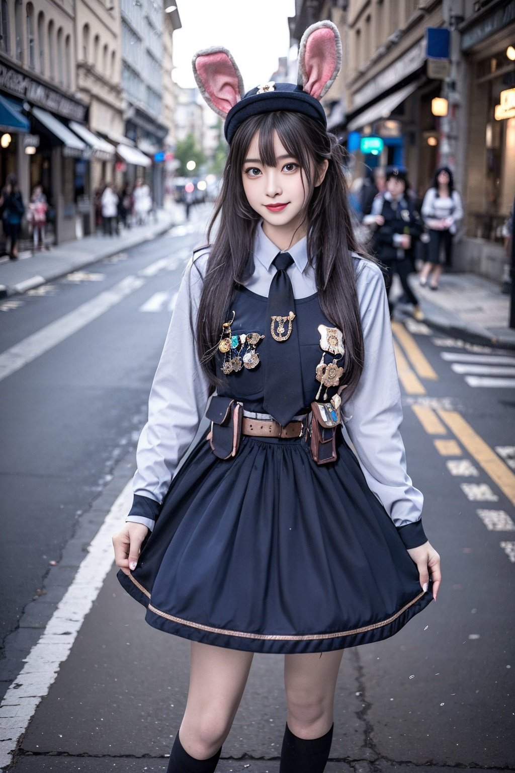 realistic, photorealistic, masterpiece, best quality, rabbit_officer, 1girl, solo, smile, looking at viewer, long black hair, standing, full body,in street, netural lighting, <lora:rabbit_officer_v1:0.7> , <lora:Cute Asian Face:0.6> , <lora:chinaDollLikeness_v10:0.2>