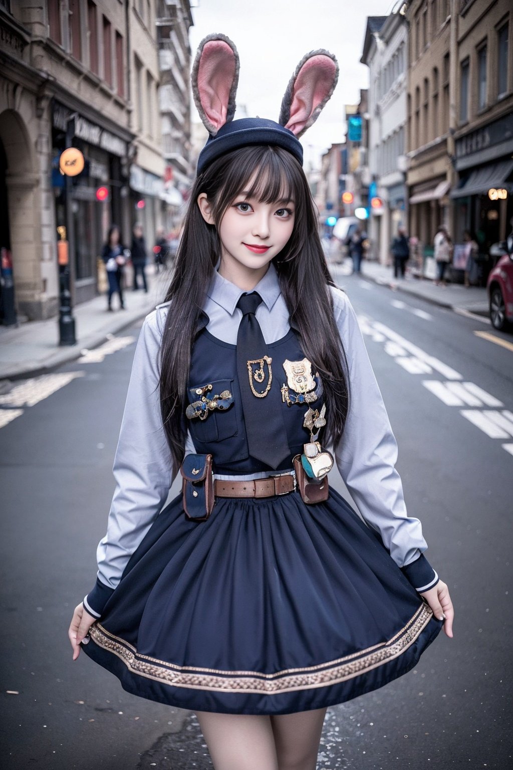 realistic, photorealistic, masterpiece, best quality, rabbit_officer, 1girl, solo, smile, looking at viewer, long black hair, standing, full body,in street, netural lighting, <lora:rabbit_officer_v2:0.7>, <lora:Cute Asian Face:0.6> , <lora:chinaDollLikeness_v10:0.2> 