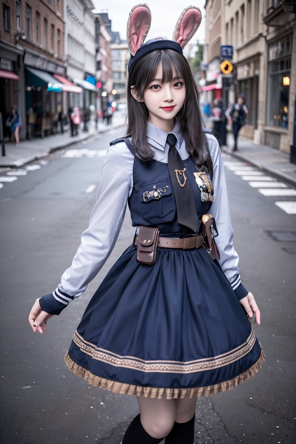 realistic, photorealistic, masterpiece, best quality, rabbit_officer, 1girl, solo, smile, looking at viewer, long black hair, standing, full body,in street, netural lighting, <lora:rabbit_officer_v1:0.7> , <lora:Cute Asian Face:0.6> , <lora:chinaDollLikeness_v10:0.2>