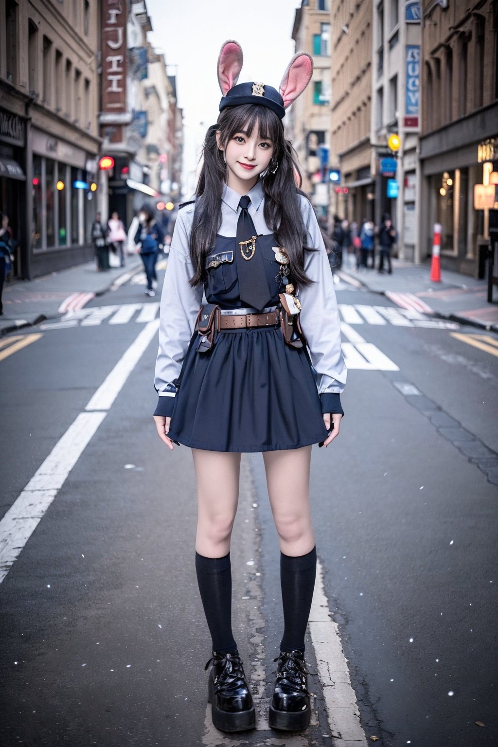 realistic, photorealistic, masterpiece, best quality, rabbit_officer, 1girl, solo, smile, looking at viewer, long black hair, standing, full body,in street, netural lighting, <lora:rabbit_officer_v2:0.7>, <lora:Cute Asian Face:0.6> , <lora:chinaDollLikeness_v10:0.2> 