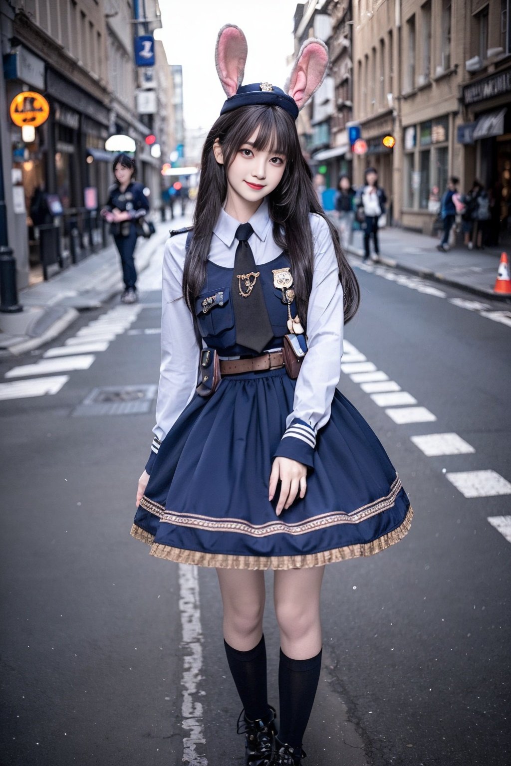 realistic, photorealistic, masterpiece, best quality, rabbit_officer, 1girl, solo, smile, looking at viewer, long black hair, standing, full body,in street, netural lighting, <lora:rabbit_officer_v2:0.7>, <lora:Cute Asian Face:0.6> , <lora:chinaDollLikeness_v10:0.2> 