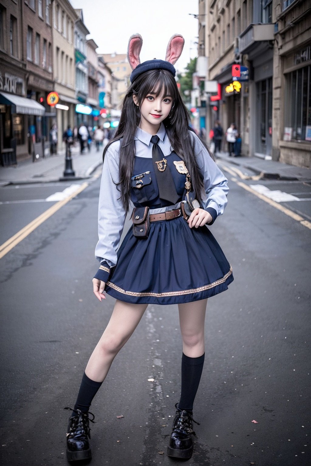 realistic, photorealistic, masterpiece, best quality, rabbit_officer, 1girl, solo, smile, looking at viewer, long black hair, standing, full body,in street, netural lighting, <lora:rabbit_officer_v2:0.7>, <lora:Cute Asian Face:0.6> , <lora:chinaDollLikeness_v10:0.2> 