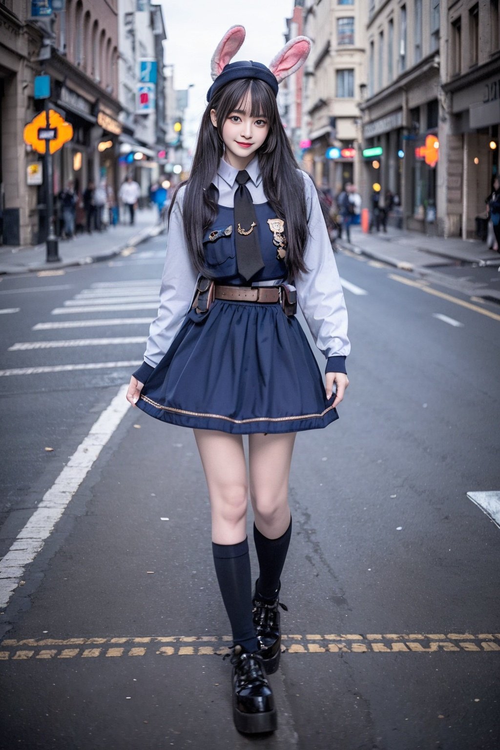 realistic, photorealistic, masterpiece, best quality, rabbit_officer, 1girl, solo, smile, looking at viewer, long black hair, standing, full body,in street, netural lighting, <lora:rabbit_officer_v2:0.7>, <lora:Cute Asian Face:0.6> , <lora:chinaDollLikeness_v10:0.2> 