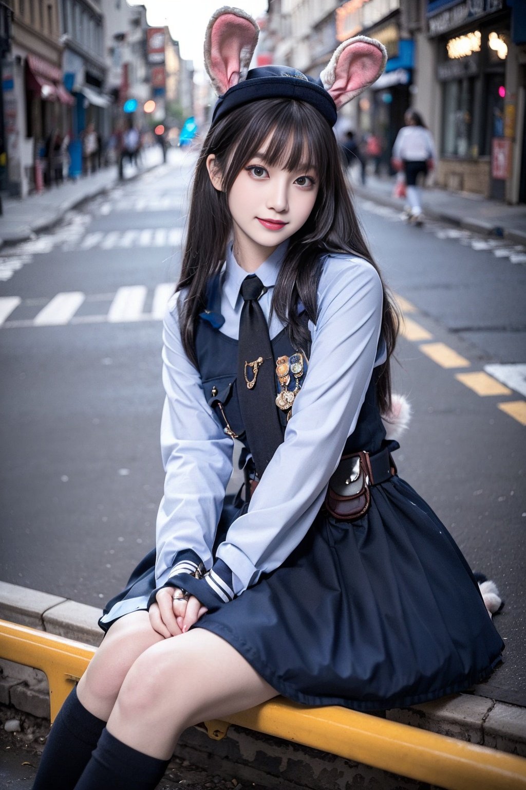 realistic, photorealistic, masterpiece, best quality, rabbit_officer, 1girl, solo, smile, looking at viewer, long black hair, sitting, full body,in street, netural lighting, <lora:rabbit_officer_v2:0.7>, <lora:Cute Asian Face:0.6> , <lora:chinaDollLikeness_v10:0.2> 