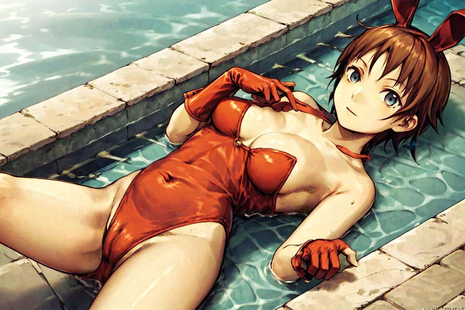 1girl, (poolside:1.1), gloves, collarbone, on back, short hair, playboy bunny leotard， <lora:abe:0.8>