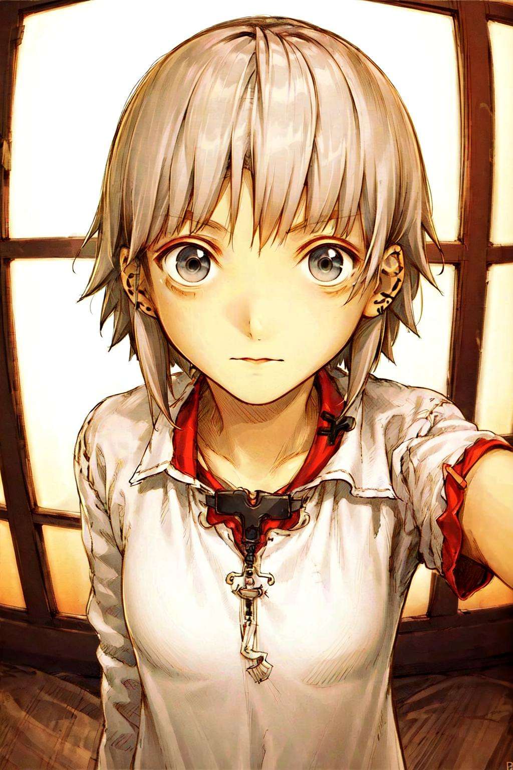 a close up of a person, ulzzang, girl silver hair, silver hair girl, popular korean makeup, white hair color, short silver grey hair, anime girl in real life, silver white hair, with short bobbed white hair, popular south korean makeup, shin jeongho, perfect white haired girl, short silver hair, korean girl, from arknights, {Hanomiya eyebrows style} {looking up direction} blue simple background, {{{selfie}}}, {{{{{{hair covering on eye}}}}}}, masterpiece, high resolution, high quality, glossy skin, expressive clothes and hair, ray tracing, wide angle, fisheye, <lora:abe:0.8>