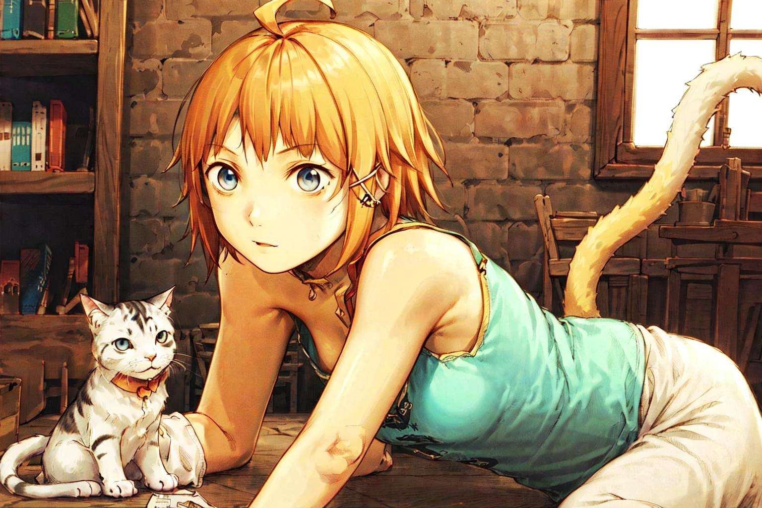 1girl, solo, {{{{Kanazuki Miharu:1.8}}}}, virtual YouTuber(VTuber),((Masterpiece)), (best quality), extremely detailed CG, (cat eye), (light blue eye), (cat girl), (short hair), (light orange hair), (x-style hairclips), (small breasts),(wearing water blue clothes), (wearing bare shoulders clothes), (a fluff tail), (a cat tail behind), (ahoge),<lora:abe:0.8>