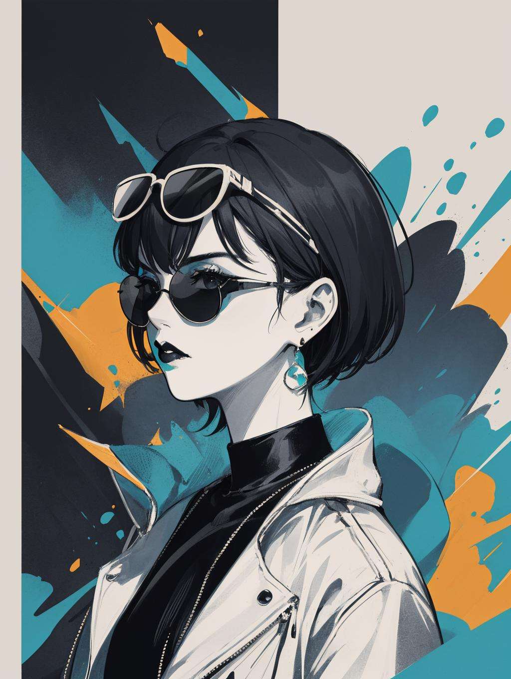 Character poster, Graphic, Fashion trends, 1girl, black hair, eyewear on head, jacket, letterboxed, limited palette, looking at viewer, reflection, solo, sunglasses, water, 1girl, solo, short hair, black hair, jewelry, earrings, glasses, makeup, sunglasses, lipstick, limited palette, black lips <lora:Graphic:0.2>