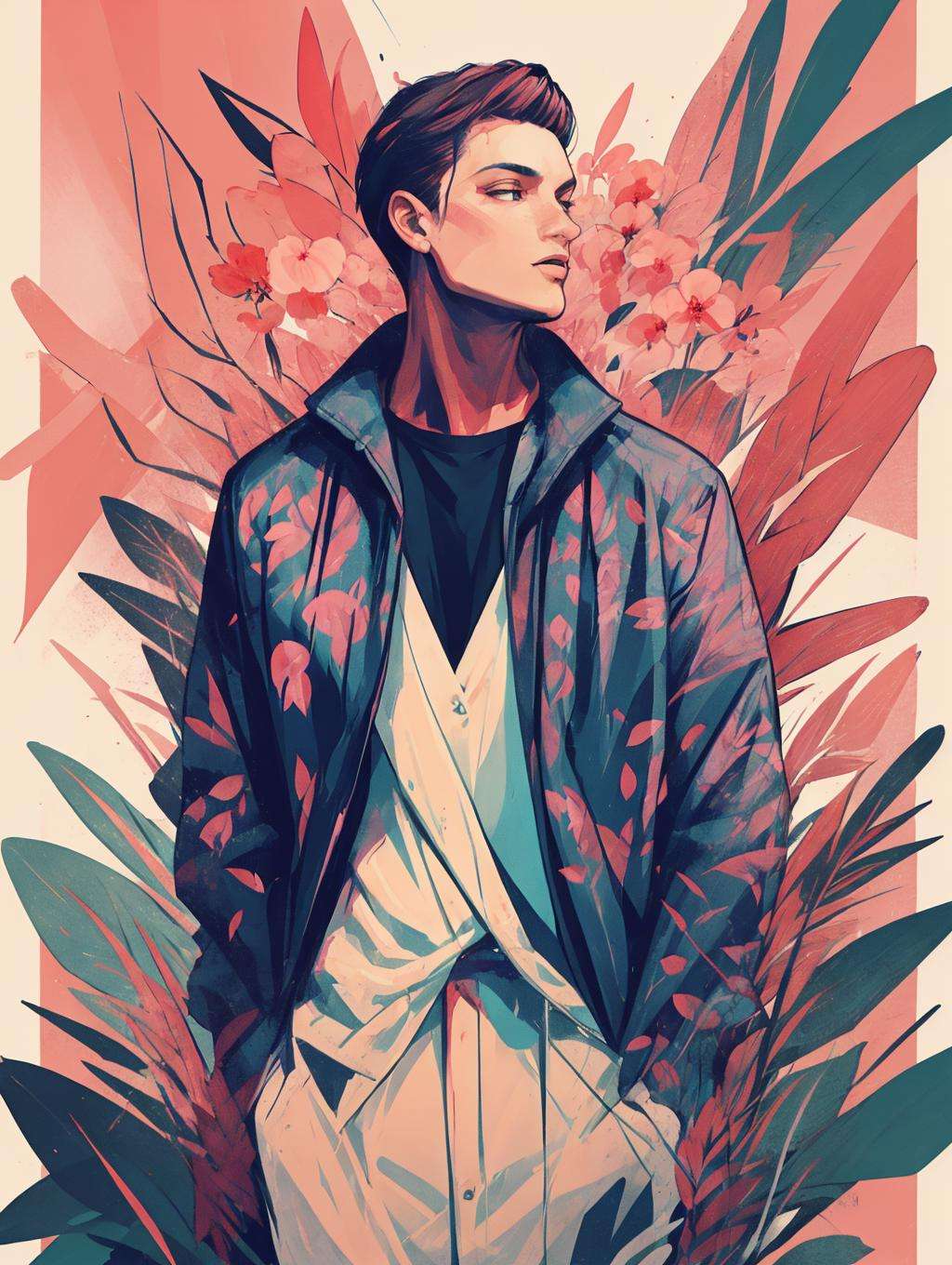 Character poster, Graphic, Fashion trends, 1 boy，plant，cherry blossom trees,<lora:Graphic:0.5>