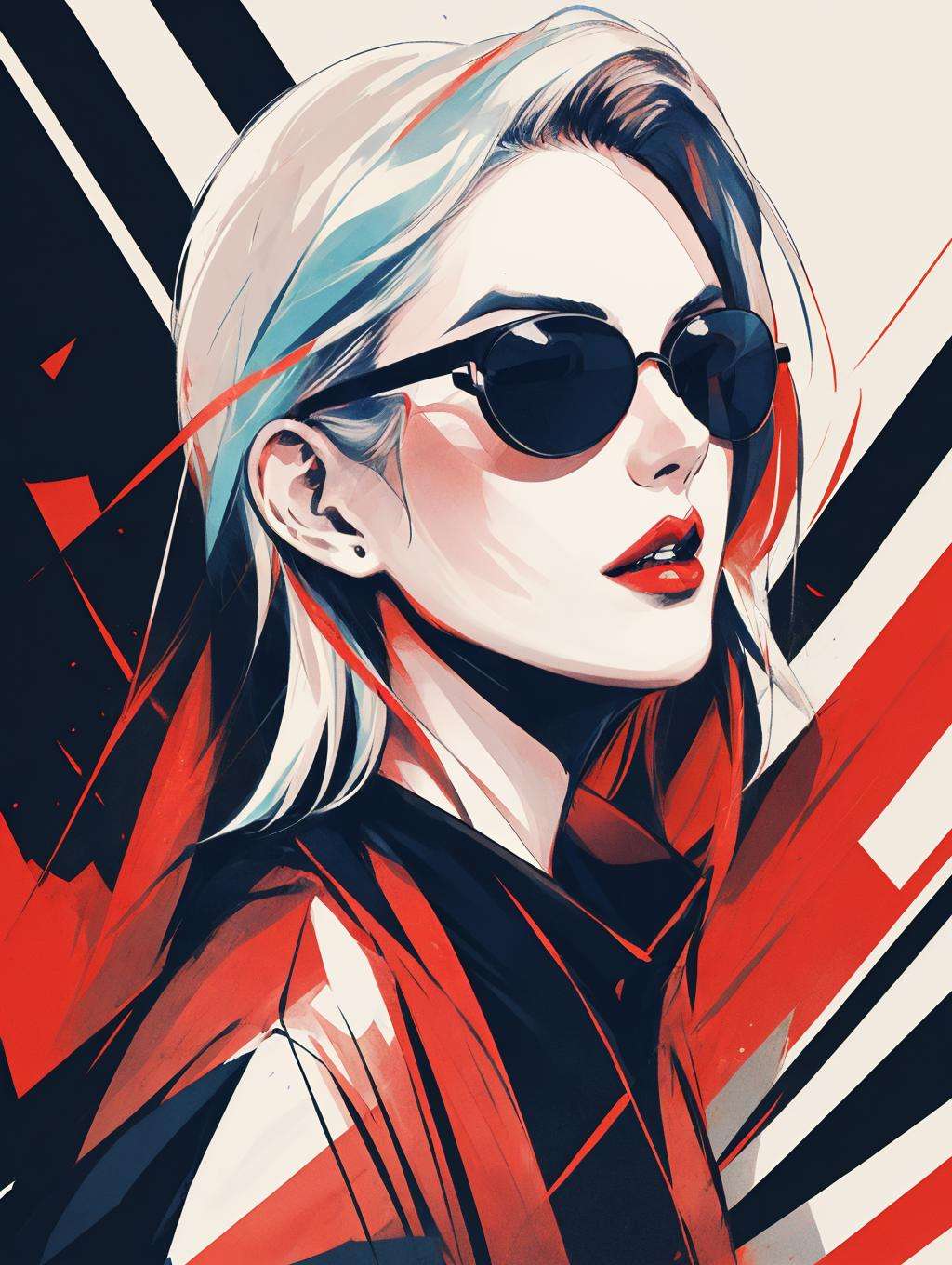 1 girl, Character poster, Fashion trends, black hair, fire, lips, long hair, makeup, multicolored hair, red hair, red theme, solo, sunglasses, upper body, white hair, 1girl, solo, short hair, upper body, multicolored hair, parted lips, lips, sunglasses, nose, red theme<lora:Graphic:0.5>