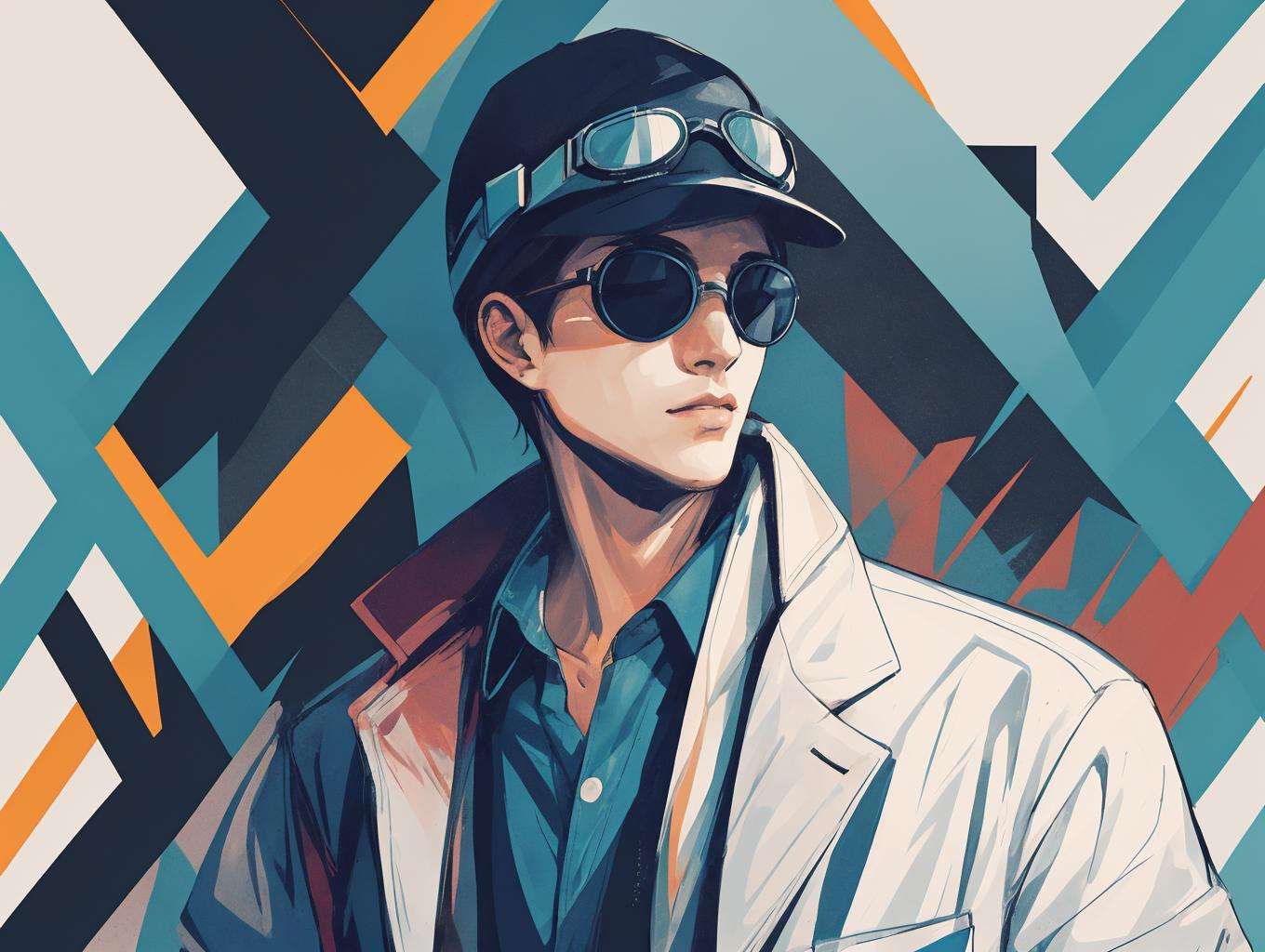 Character poster, Graphic, Fashion trends，Michael is a serious and focused guy with short black hair. He's wearing a white lab coat and safety goggles while holding a microscope. The background shows laboratory equipment, highlighting scientific research and discovery.<lora:Graphic:0.5> 