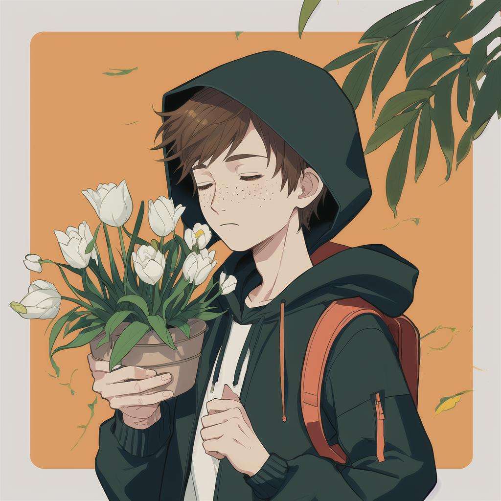 Slight retro color, flat, grainy, riso print style, illustration, cute, white space, low saturation, 1boy, backpack, bamboo, black eyes, border, bouquet, branch, brown hair, closed eyes, flower, flower pot, freckles, holding, holding bouquet, hood, hood down, hoodie, jacket, leaf, lily \(flower\), long sleeves, male focus, orange background, palm tree, plant, potted plant, shirt, short hair, solo, tan background, tanabata, tanzaku, tulip, upper body, vines, white border, white flower, yellow background, solo, blush, short hair, bangs, simple background, brown hair, shirt, long sleeves, 1boy, holding, jacket, closed eyes, upper body, male focus, hood, bag, leaf, border, backpack, hood down, plant, red shirt, white border, freckles, potted plant, orange shirtSteps: 20, Sampler: DPM++ 2M Karras, CFG scale: 7, Seed: 2253013119, Size: 512x512, Model hash: ffde7edfe2, Model: RISO_TUNAN_V2, Denoising strength: 0.7, Clip skip: 2, Hires upscale: 2, Hires upscaler: 4x-UltraSharp