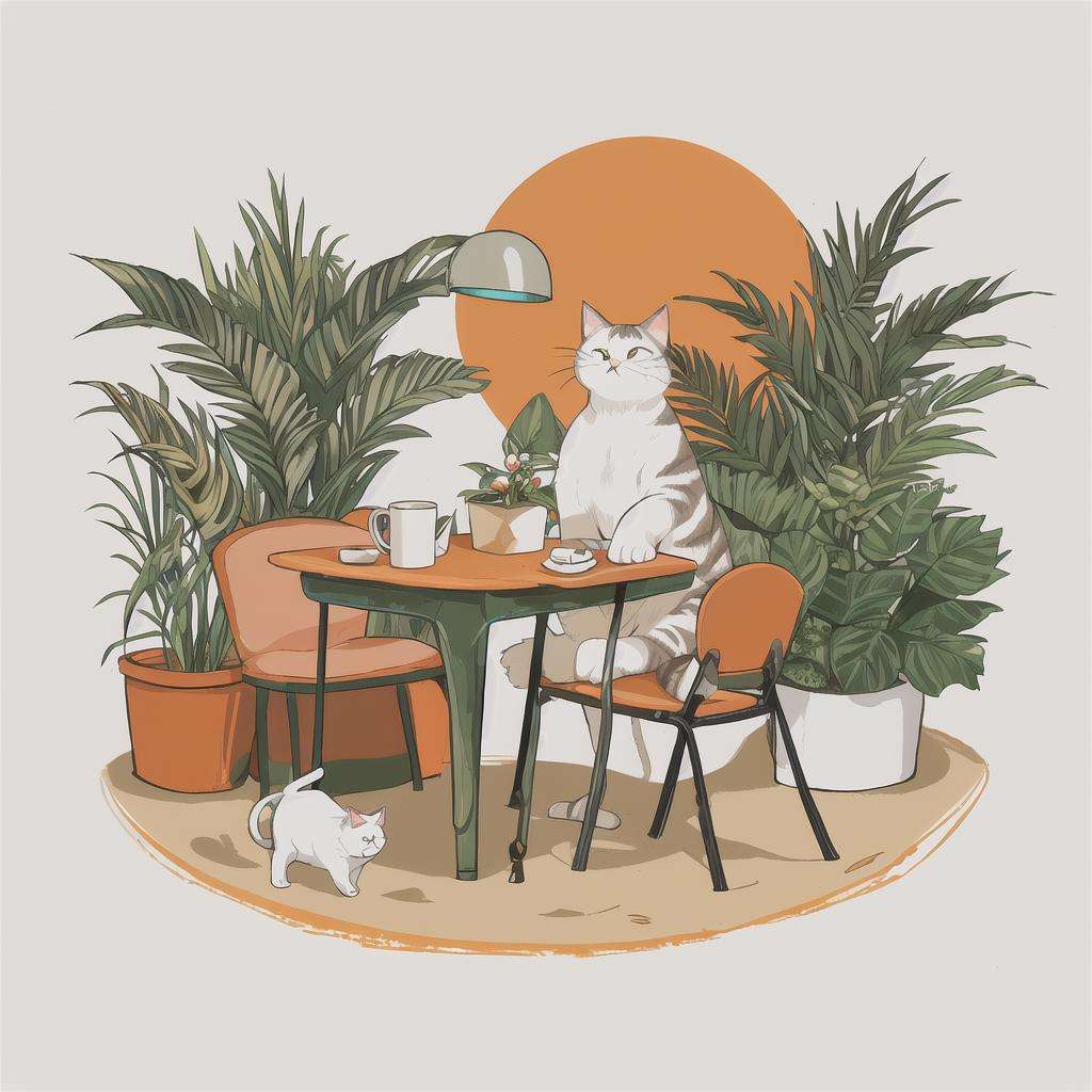 Slight retro color, flat, grainy, riso print style, illustration, cute, white space, low saturation, animal, beach, cat, chair, computer, cup, drink, drinking glass, drinking straw, flower, food, ice, ice cube, leaf, mug, no humans, orange background, palm tree, pencil, plant, potted plant, sand, table, tree, solo, sitting, cup, no humans, shadow, animal, leaf, chair, phone, cat, cellphone, plant, orange background, potted plant, lamp, animal focus, whiskersSteps: 20, Sampler: DPM++ 2M Karras, CFG scale: 7, Seed: 2916361588, Size: 512x512, Model hash: ffde7edfe2, Model: RISO_TUNAN_V2, Denoising strength: 0.55, Clip skip: 2, Hires upscale: 2, Hires upscaler: 4x-UltraSharp