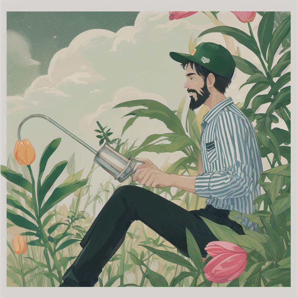 Slight retro color, flat, grainy, riso print style, illustration, cute, white space, low saturation, 1boy, bamboo, bare tree, baseball cap, beard, black pants, branch, cactus, cloud, collared shirt, facial hair, flower, flower pot, from side, grass, hat, ivy, leaf, lily \(flower\), long sleeves, male focus, medium hair, orange background, outdoors, palm leaf, palm tree, pants, plant, potted plant, profile, shirt, smile, solo, striped, striped shirt, tanabata, tanzaku, tree, tulip, vines, watering can, white border, white flower, white headwear, solo, short hair, shirt, black hair, long sleeves, 1boy, hat, sitting, male focus, striped, collared shirt, pants, profile, feet out of frame, facial hair, leaf, white headwear, plant, baseball cap, beard, pocket, striped shirt, breast pocket, orange shirt, green pantsSteps: 20, Sampler: DPM++ 2M Karras, CFG scale: 7, Seed: 1957544368, Size: 512x512, Model hash: ffde7edfe2, Model: RISO_TUNAN_V2, Denoising strength: 0.55, Clip skip: 2, Hires upscale: 2, Hires upscaler: 4x-UltraSharp