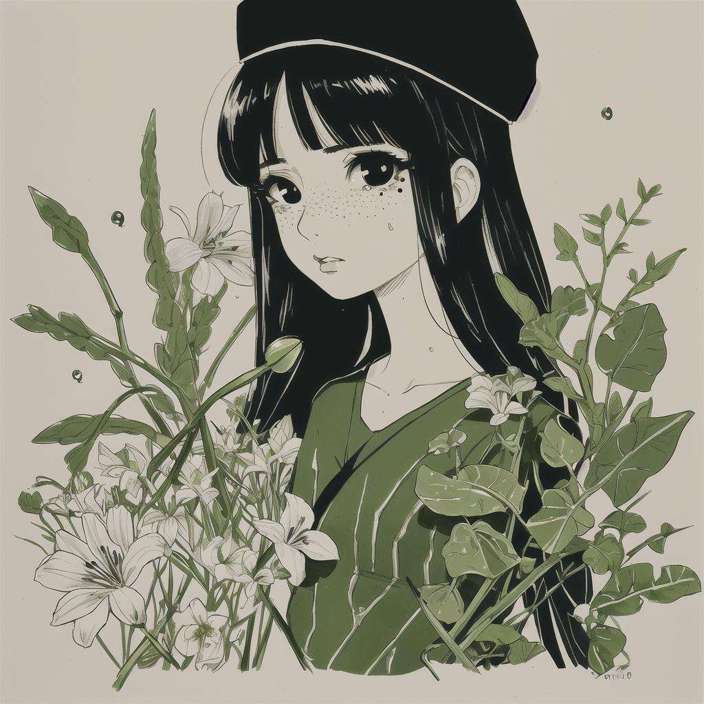 Slight retro color, flat, grainy, riso print style, illustration, cute, white space, low saturation, 1girl, antennae, bamboo, bangs, black hair, branch, cactus, cloud, dandelion, expressionless, flower, flower pot, ivy, leaf, lily \(flower\), limited palette, long hair, looking at viewer, makeup, mixed media, mole, moon, morning glory, palm leaf, palm tree, plant, portrait, potted plant, seaweed, solo, spring onion, sweat, tan background, tanabata, tanzaku, tears, traditional media, tree, tulip, vegetable, vines, water drop, 1girl, solo, long hair, looking at viewer, bangs, black hair, hat, parted lips, black eyes, leaf, plant, portrait, freckles, limited paletteSteps: 20, Sampler: DPM++ 2M Karras, CFG scale: 7, Seed: 2150758600, Size: 512x512, Model hash: ffde7edfe2, Model: RISO_TUNAN_V2, Denoising strength: 0.7, Clip skip: 2, Hires upscale: 2, Hires upscaler: 4x-UltraSharp