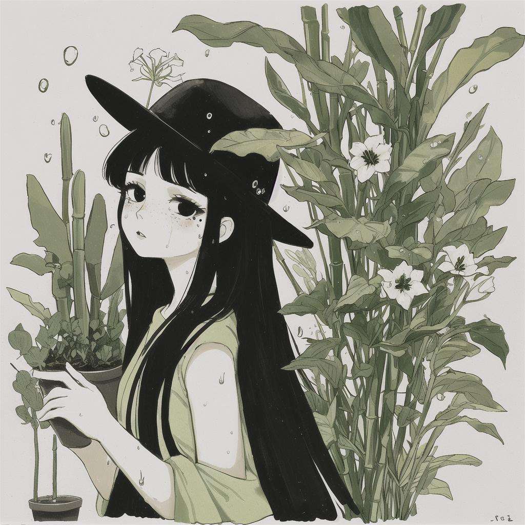 Slight retro color, flat, grainy, riso print style, illustration, cute, white space, low saturation, 1girl, antennae, bamboo, bangs, black hair, branch, cactus, cloud, dandelion, expressionless, flower, flower pot, ivy, leaf, lily \(flower\), limited palette, long hair, looking at viewer, makeup, mixed media, mole, moon, morning glory, palm leaf, palm tree, plant, portrait, potted plant, seaweed, solo, spring onion, sweat, tan background, tanabata, tanzaku, tears, traditional media, tree, tulip, vegetable, vines, water drop, 1girl, solo, long hair, looking at viewer, bangs, black hair, hat, parted lips, black eyes, leaf, plant, portrait, freckles, limited paletteSteps: 20, Sampler: DPM++ 2M Karras, CFG scale: 7, Seed: 2150758598, Size: 512x512, Model hash: ffde7edfe2, Model: RISO_TUNAN_V2, Denoising strength: 0.7, Clip skip: 2, Hires upscale: 2, Hires upscaler: 4x-UltraSharp