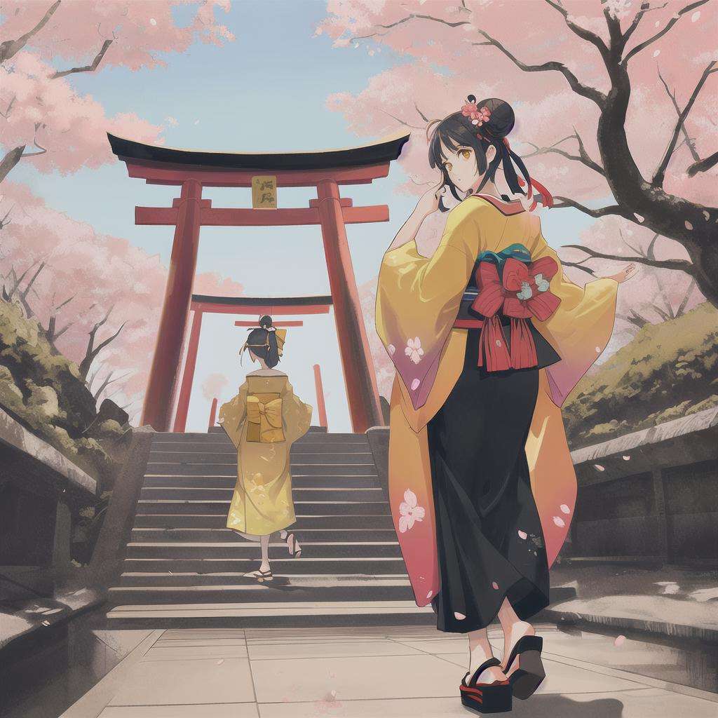 Slight retro color, flat, grainy, riso print style, illustration, cute, white space, low saturation, 2girls, black kimono, black legwear, black ribbon, black hair, cherry blossoms, day, flower, hair bun, hair ribbon, japanese clothes, kimono, long hair, looking at viewer, looking back, multiple girls, obi, outdoors, red eyes, red hair, ribbon, sandals, single hair bun, stairs, standing, statue, torii, tree, white kimono, yellow eyesSteps: 20, Sampler: DPM++ 2M Karras, CFG scale: 7, Seed: 1893686314, Size: 512x512, Model hash: ffde7edfe2, Model: RISO_TUNAN_V2, Denoising strength: 0.55, Clip skip: 2, Hires upscale: 2, Hires upscaler: 4x-UltraSharp