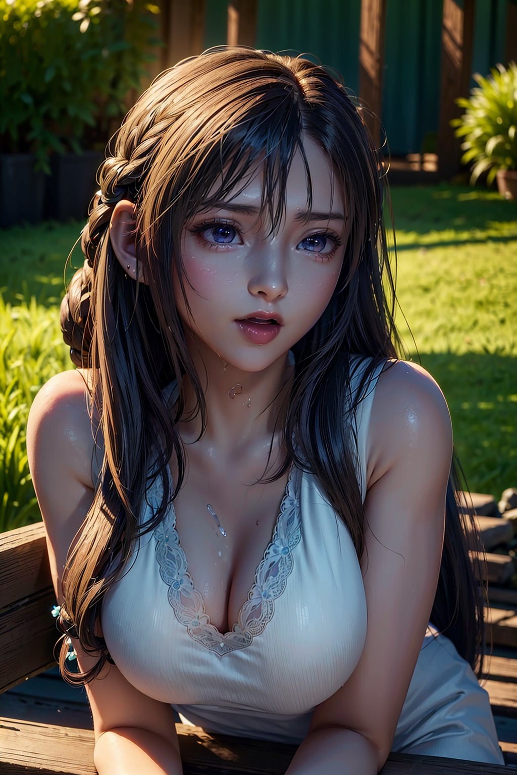 (ultra realistic 8K cg:1.5), (best quality, sublime masterpiece, award-winning artwork:1.3), (front view zoomed in), (body sharp focus), depth of field, ray tracing, unreal engine, ultra high res, insanely detailed,1girl, gorgeous young girl, looking at viewer, bondage, restrained, shibari, (sexy, charming, alluring, seductive, erotic, enchanting), beautiful  face, long hair, (braided hair),  ((colorful hair color)), beautiful eyes, ((open mouth, tongue out,  saliva, drooling)), (lace, lace collar, ), global illumination, diffused lighting, bioluminescent details, (outdoors),