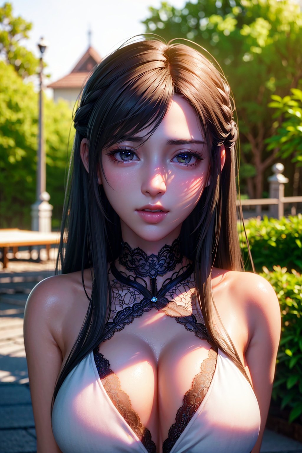 (ultra realistic 8K cg:1.5), (best quality, sublime masterpiece, award-winning artwork:1.3), (front view zoomed in), (body sharp focus), depth of field, ray tracing, unreal engine, ultra high res, insanely detailed,1girl, gorgeous young girl, looking at viewer, restrained, shibari, beautiful  face, long hair, (braided hair),  ((colorful hair color)), beautiful eyes, (lace,  lace collar, ), global illumination, diffused lighting,  bioluminescent details, (outdoors),