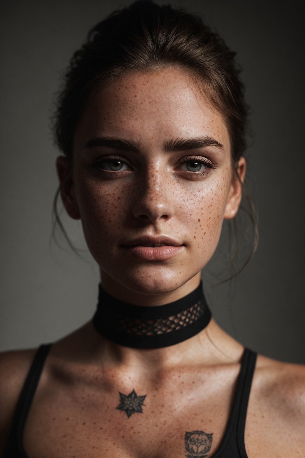 photo, rule of thirds, dramatic lighting, medium hair, detailed face, detailed nose, woman wearing tank top, freckles, collar or choker, smirk, tattoo, intricate background
,realism,realistic,raw,analog,woman,portrait,photorealistic,analog,realism