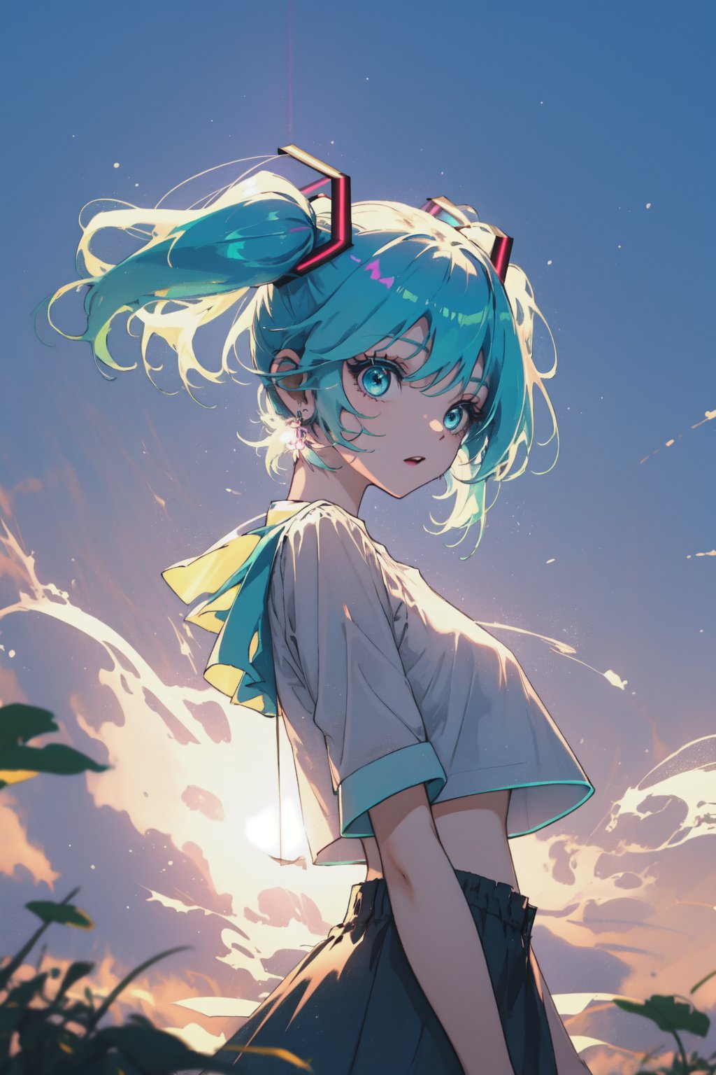 Hatsune miku,  1girl,  masterpiece,  high quality,  highres,  mksks style,  contemporary,  short hair,  glowing earrings,  hair ornament,  crop top,  uppercut,  fashion,  adult,  short twintails, <lora:EMS-541-EMS:0.600000>