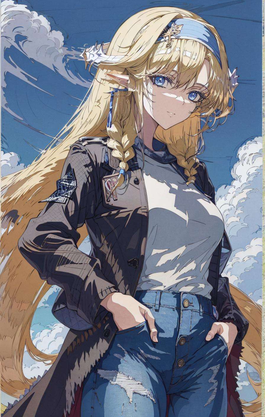 1girl,jeans,cowboy shot, origentou,headband,horns,coat,hand in Trouser pocket