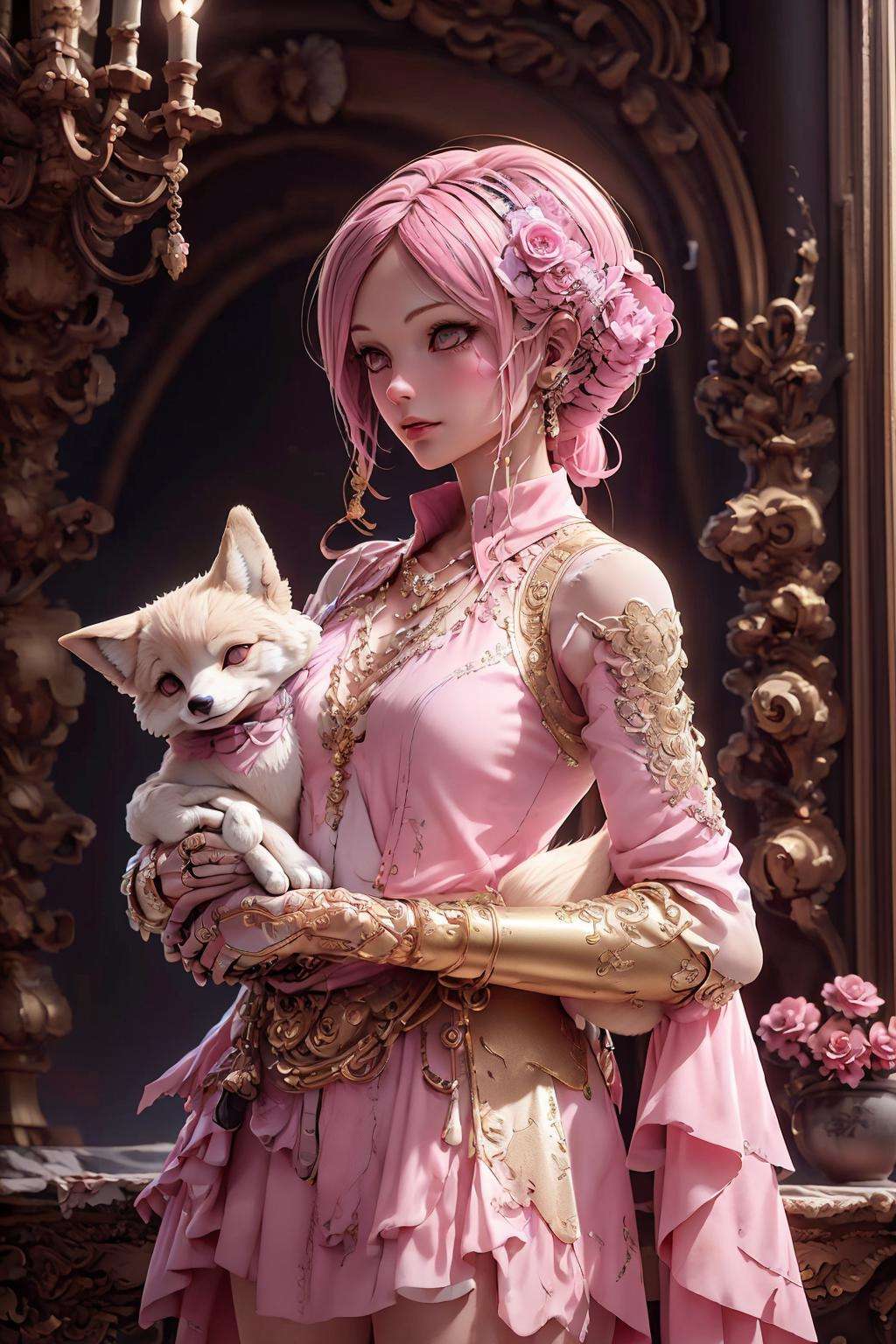 A girl holding a pink fox,color grading,(glowing haze)++ (soft glow)+ digital art render,pink,gold,<lora:SNM:0.8>SNM,flower,<lora:XSM:0.5> <lora:gundamChilloutMix_v1:0.3>,, anatomically correct, UHD, ccurate, textured skin, high details, best quality, super detail, award winning, high quality, retina, 16k