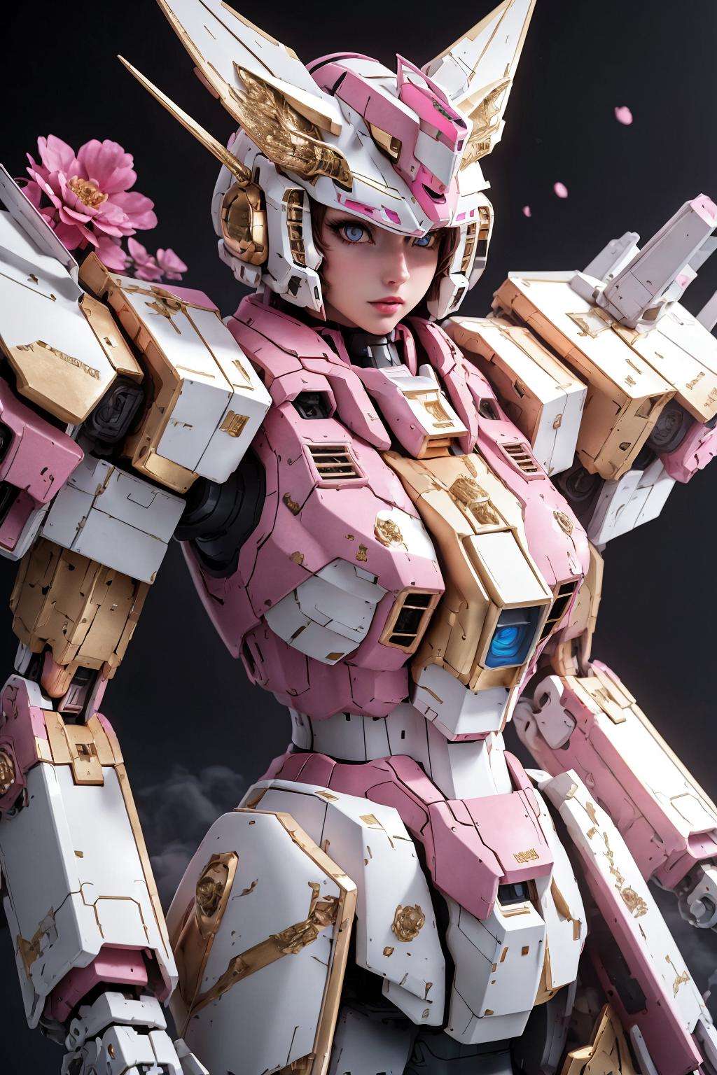 A girl holding a pink fox,color grading,(glowing haze)++ (soft glow)+ digital art render,pink,gold,<lora:SNM:0.6>SNM,flower,<lora:gundamChilloutMix_v1:0.4>,Mechs,Gundam,, anatomically correct, UHD, ccurate, textured skin, high details, best quality, super detail, award winning, high quality, retina, 16k