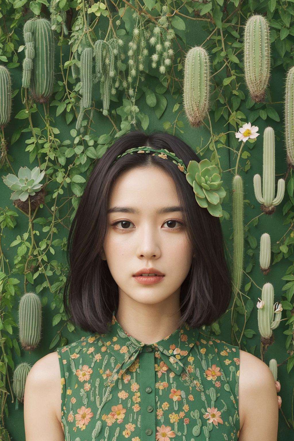 The portrait shows a woman wearing a green dress adorned with cactus-shaped patterns. She is surrounded by a collection of various cacti, some of which have bloomed with flowers. One cactus in particular has grown in the shape of her face, creating a humorous visual pun. The woman is in the center of the portrait, with her cactus collection surrounding her. The face-shaped cactus is placed next to her head, creating a visual connection between the two. The variety of cacti shapes and sizes creates a visually interesting scene, while the color palette of greens and earth tones ties everything together.