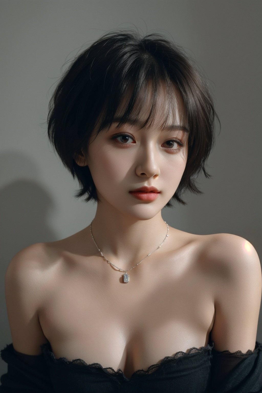 fashion photography portrait of 1girl, offshoulder, fluffy short hair, soft light, rim light, beautiful shadow, low key, (photorealistic, raw photo:1.2), (natural skin texture, realistic eye and face details), hyperrealism, ultra high res, 4K, Best quality, masterpiece, necklace, (cleavage:0.8), in the dark