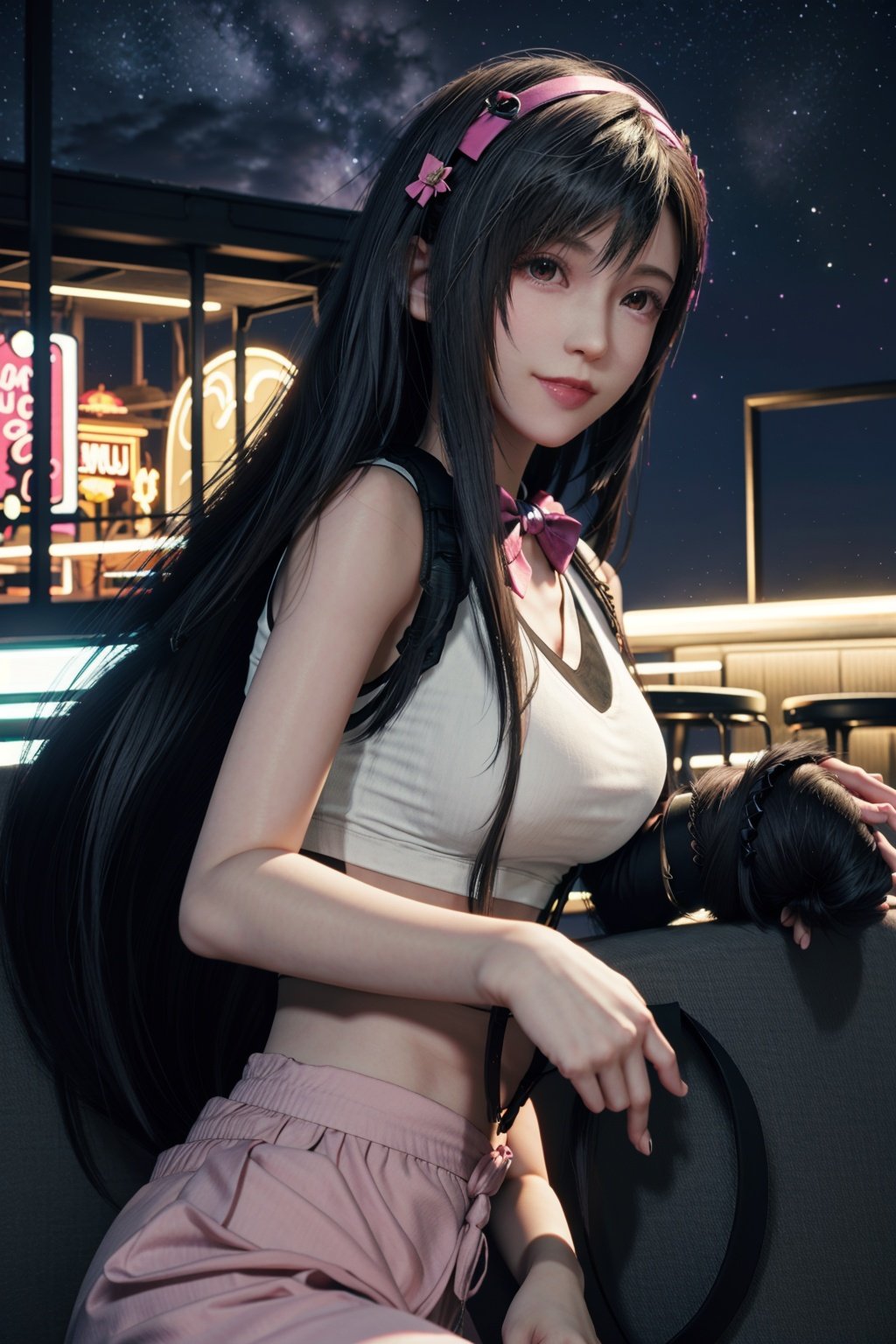 , 1 girl, tifa, hair more than one eye, hair accessories, blue eyes, smile, pink hair, , seaside looking into the distance, yellow bow, night, makeup, suspenders, white top, hairpin, long hair, bangs, short sleeves, pink nails, bow tie, headband holding an iphone, most beautiful chaotic form, elegant, brutalist design, bright colors, full body, atmosphere, (raw photo, best quality), (realistic, photo photorealistic: 1.3), 