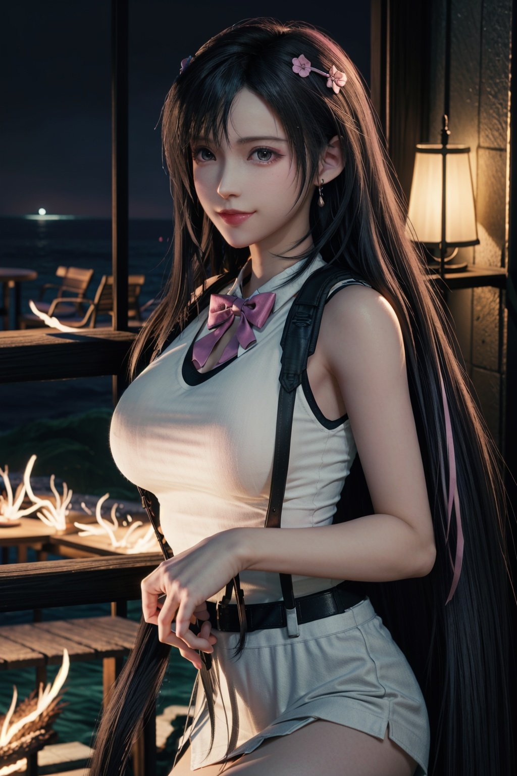 , 1 girl, tifa, hair more than one eye, hair accessories, blue eyes, smile, pink hair, , seaside looking into the distance, yellow bow, night, makeup, suspenders, white top, hairpin, long hair, bangs, short sleeves, pink nails, bow tie, headband holding an iphone, most beautiful chaotic form, elegant, brutalist design, bright colors, full body, atmosphere, (raw photo, best quality), (realistic, photo photorealistic: 1.3), 